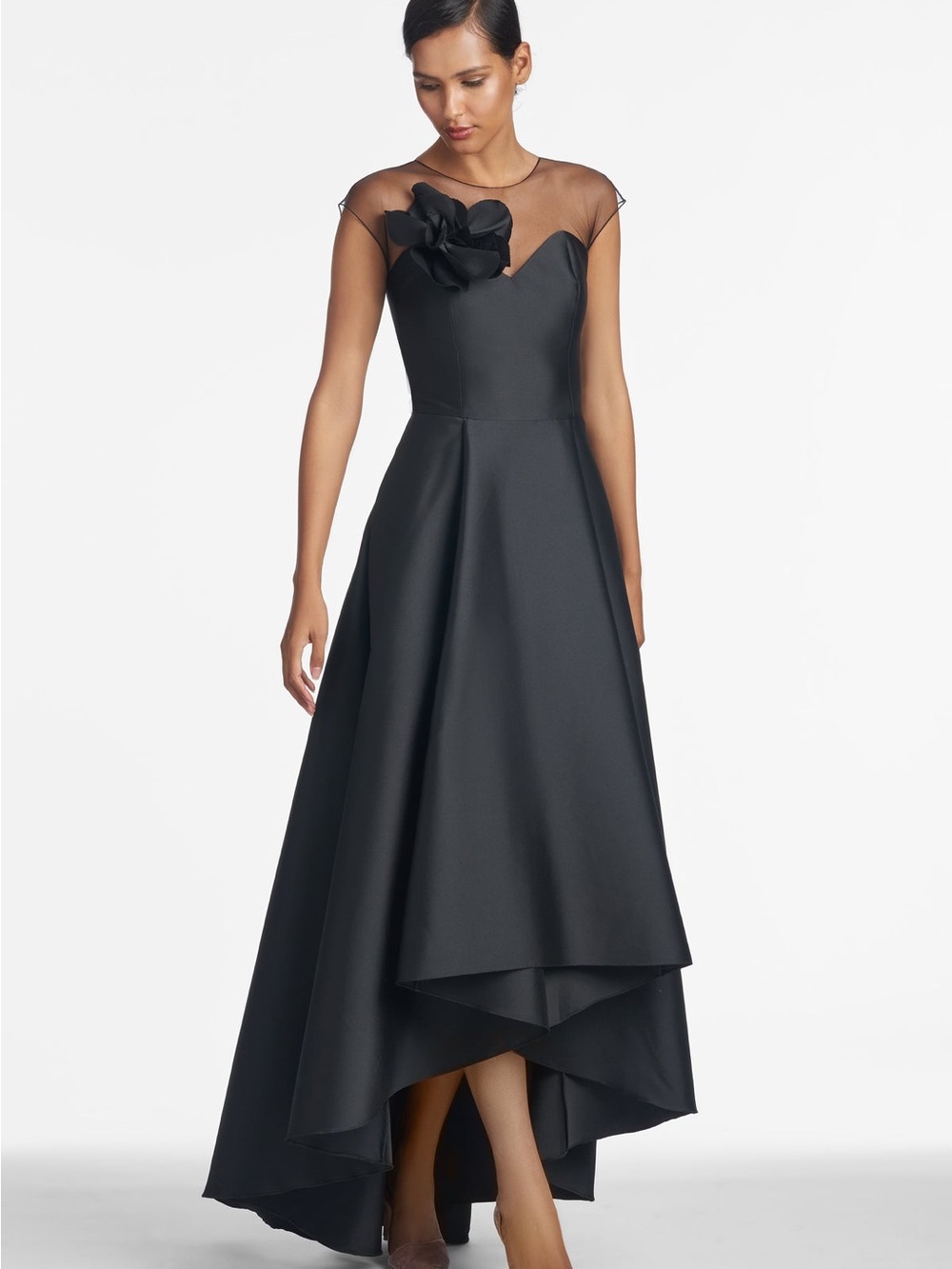 Sachin + Babi Elegant Black High-Low Evening Dress with Illusion Neckline